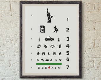 May include: A black and white eye chart with New York City themed symbols. The chart reads "SEE NYC 7" at the bottom.