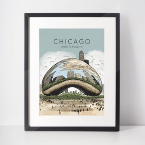 Cartel de arte de Chicago Arte de pared imprimible de Chicago Descarga de arte digital de frijol Impresión de viaje Impresión digital de moda
