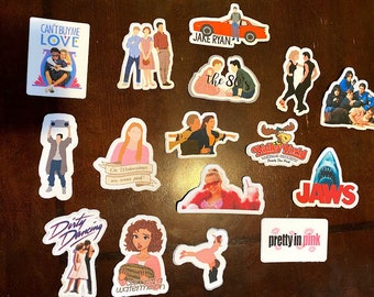 ¡Pegatinas de películas de los 80! 16 velas, Dirty Dancing, Breakfast Club, Tiburón, Chicas malas, Grease, Vacaciones, Pretty in Pink, Can't Buy Me Love