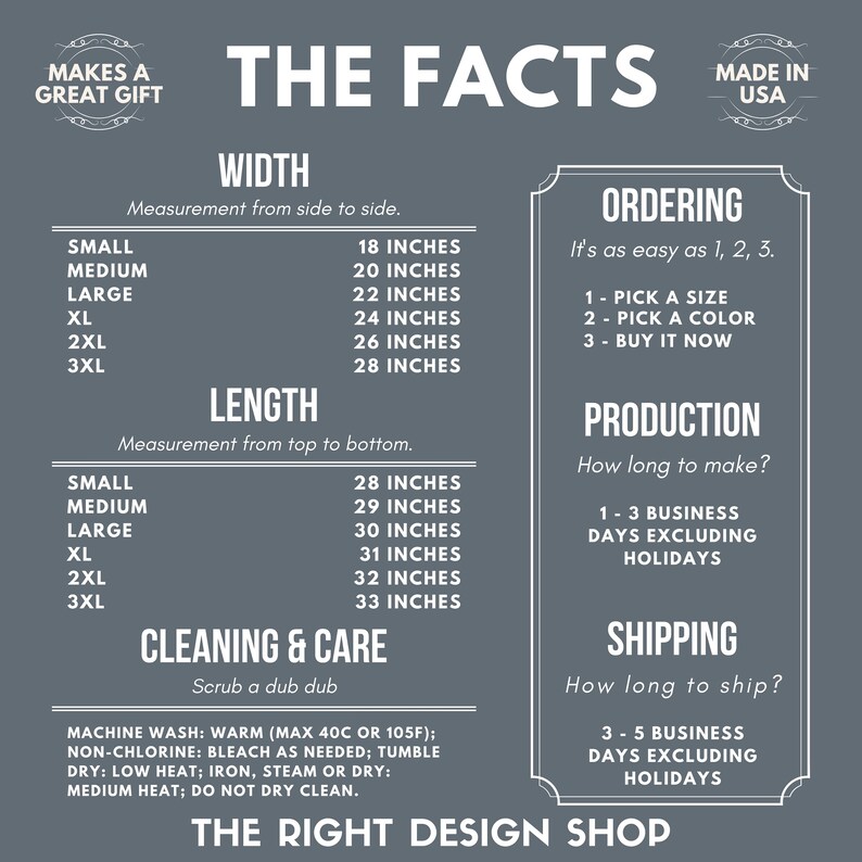 May include: A gray and white graphic with the text "The Facts" in large, bold letters. The graphic provides information about the size, length, production, and shipping of a product. The text "Made in USA" is in a circle at the top right corner of the graphic.