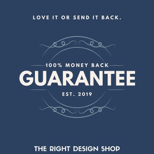 May include: A blue and white logo with the text "LOVE IT OR SEND IT BACK." and "100% MONEY BACK GUARANTEE EST. 2019" in a circle with decorative flourishes. The text "THE RIGHT DESIGN SHOP" is below the circle.