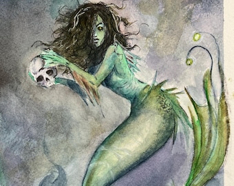 Siren by Paul Downs. Print of my original ink and watercolor fan art drawing.  Gothic Art, Comic Art, wall art, mermaid
