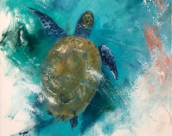 Sea Turtle Swim by Paul Downs, This is a fine art print of my original oil painting.  Sea life, octopus, ocean, sea life art, coastal art