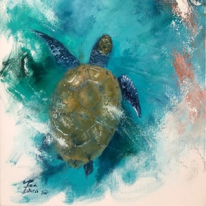 Sea Turtle Swim by Paul Downs, This is a fine art print of my original oil painting.  Sea life, octopus, ocean, sea life art, coastal art