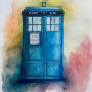 Through Time and Space by Paul Downs, Watercolor Mixed Media Painting, Sci-Fi, fantasy art,Science fiction, TARDIS, Doctor Who, Wall Art