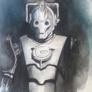 Cyberman by Paul Downs, Watercolor Mixed Media Painting, Sci-Fi, fantasy art,Science fiction, TARDIS, Doctor Who, Wall Art