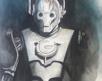 Cyberman by Paul Downs, Watercolor Mixed Media Painting, Sci-Fi, fantasy art,Science fiction, TARDIS, Doctor Who, Wall Art