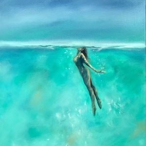 Breathe by Paul Downs, A fine art print of my original oil painting.  Figurative art. Woman Painting - Ocean art -Wall Art