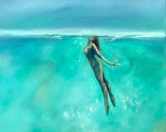Breathe by Paul Downs, A fine art print of my original oil painting.  Figurative art. Woman Painting - Ocean art -Wall Art