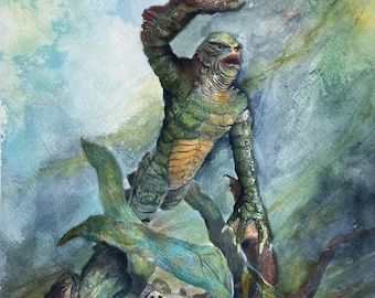 The Creature by Paul Downs. Print of my original  watercolor fan art drawing.  Gothic Art, Comic Art, wall art, monster, Spooky