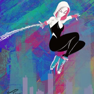 Gwen in the City by Paul Downs. A fine art print of my original  fan art drawing.  Superhero, Comic Art, Spider-Man, Spiderverse