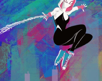 Gwen in the City by Paul Downs. A fine art print of my original  fan art drawing.  Superhero, Comic Art, Spider-Man, Spiderverse