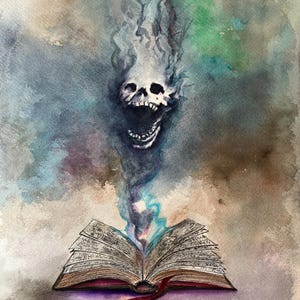 May include: Watercolor painting of an open book with a skull emerging from it. The skull is white with black eye sockets and an open mouth. Smoke rises from the book, with a dark, cloudy background.