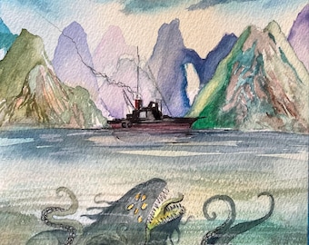 Beneath the Surface  by Paul Downs. Print of my original  watercolor painting.  Gothic Art, Comic Art, wall art, monster,  ocean, Cthulhu