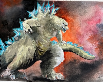 Godzilla by Paul Downs. Print of my original  oil painting.  FanArt, Comic Art, wall art, monster, kaiju, ocean, film fan art