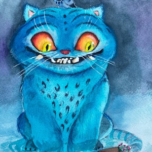 May include: Watercolor painting of a blue cat with a wide grin and yellow eyes. A small bird wearing a hat sits on the cat's head. A small log with pink flowers is at the cat's feet. The background is a mix of blue and purple.