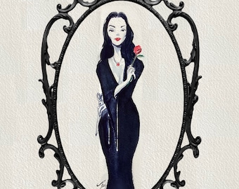 Morticia  by Paul Downs. Print of my original ink and watercolor fan art drawing.  Gothic Art, Comic Art, wall art