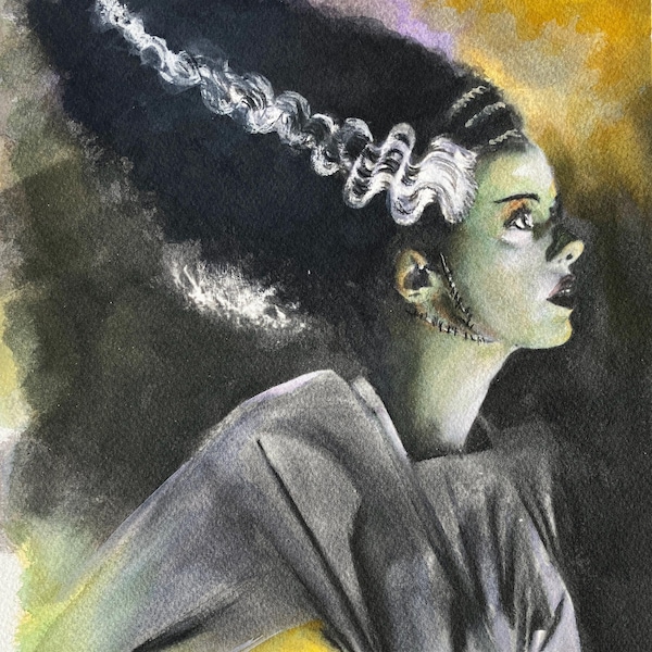 De bruid van Paul Downs. Afdruk van mijn originele aquarel fanart-tekening.  Gotische kunst, stripkunst, kunst aan de muur, monster, Frankenstein, Spooky