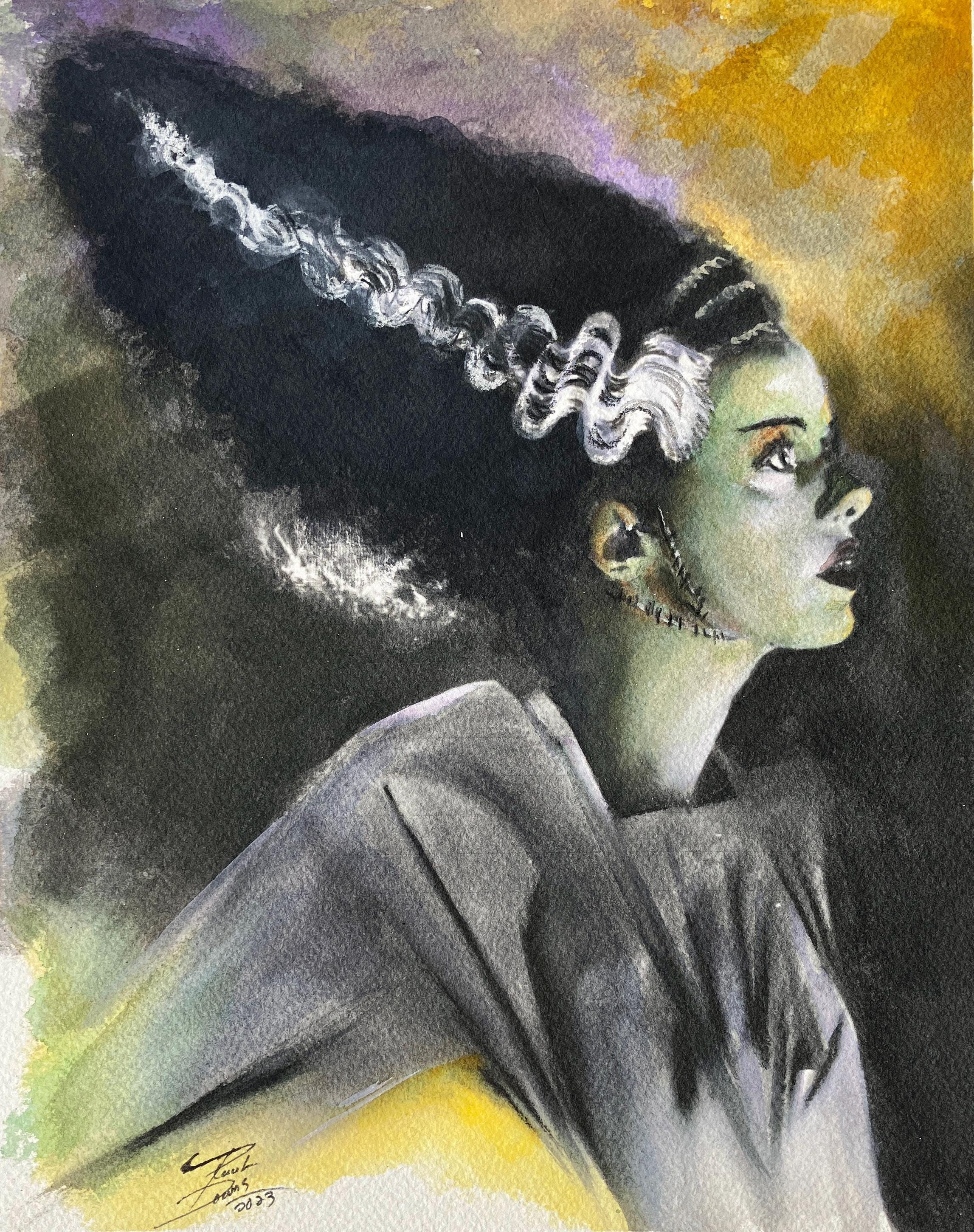 The Bride by Paul Downs. Print of my original  watercolor fan art drawing.  Gothic Art, Comic Art, wall art, monster,Frankenstein, Spooky