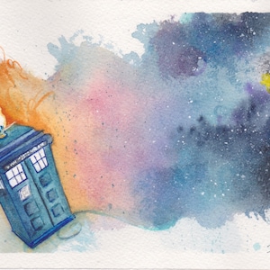The Traveler by Paul Downs, Watercolor Mixed Media Painting, Sci-Fi, fantasy art,Science fiction, TARDIS, Doctor Who, Wall Art