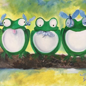Three Frogs by Paul Downs, This is a fine art print of my original oil painting.  Frog, Animal Art, Frog lovers