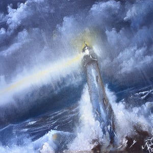 Storm Beacon by Paul Downs.  This is a fine art print of my original oil painting,  Lighthouse, landscape,  beach, oceanscape,hope