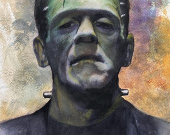 The Monster by Paul Downs. Print of my original  watercolor fan art drawing.  Gothic Art, Comic Art, wall art, monster,Frankenstein, Spooky