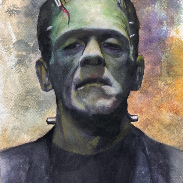 Het monster van Paul Downs. Afdruk van mijn originele aquarel fanart-tekening.  Gotische kunst, stripkunst, kunst aan de muur, monster, Frankenstein, Spooky