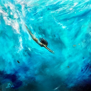 Taking the Plunge II by Paul Downs, A fine art print of my original acrylic painting.  Figurative art. Woman Painting - Ocean art -Wall Art