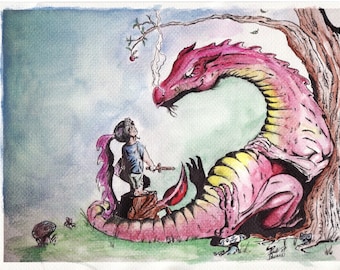 Dragon and Boy by Paul Downs.  Archival ink print on premium photo paper, fantasy art, illustration, wall art, dragon art