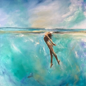 Coming up for Air by Paul Downs, A fine art print of my original oil painting.  Figurative art. Woman Painting - Ocean art -Wall Art