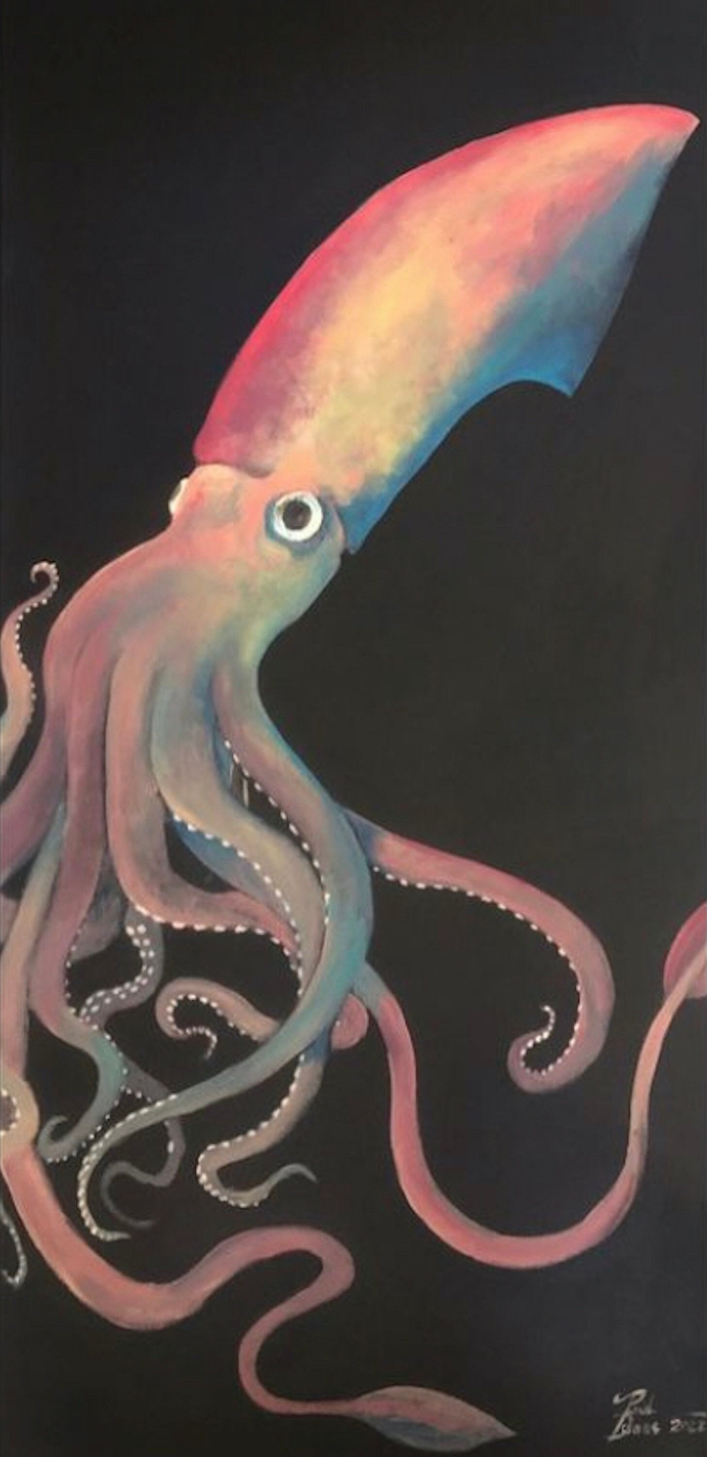 Squid by Paul Downs, This is a fine art print of my original acrylic painting.  Sea life, octopus, ocean, sea life art,