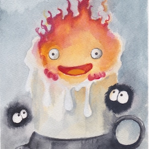 Calcifer and Soot Sprites by Paul Downs.  Archival ink print on premium photo paper, anime, illustration, wall art, animation art, Ghibli
