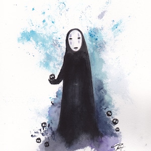 No-Face and Sprites by Paul Downs.  Archival ink print on premium photo paper, fantasy art, illustration, wall art, animation art, ghibli