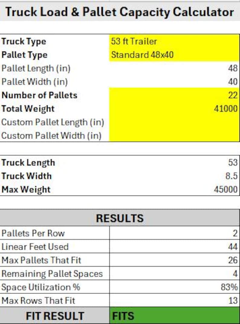 Truck Load Calculator Excel Template | Pallet Capacity Calculator ...