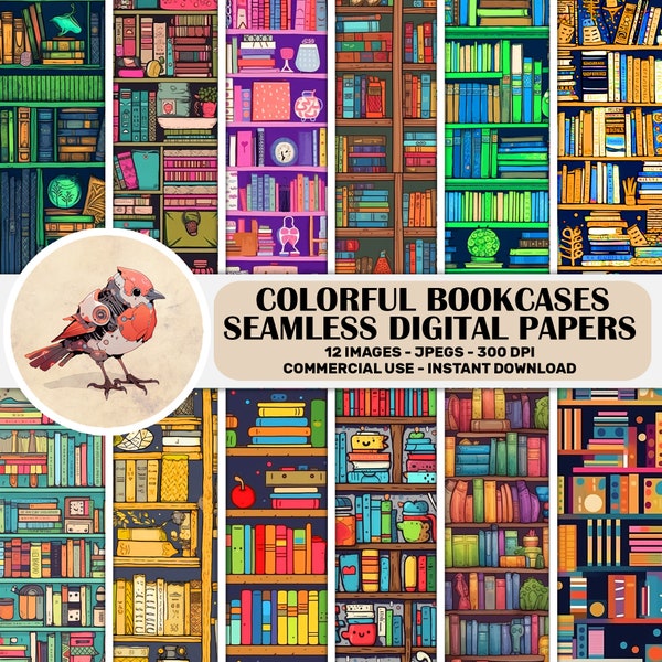 COLORFUL BOOKCASES, 12 digital printable papers, seamless, 12x12 inches, 300dpi JPEGs, instant download, commercial use, backgrounds