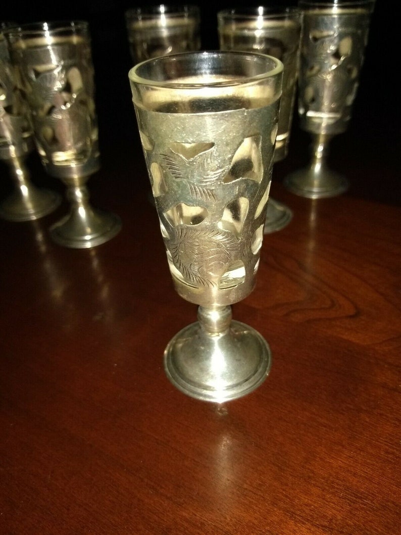 Six Vintage Sterling Silver Stemmed Cordial Shot Glasses Set Mexico 925