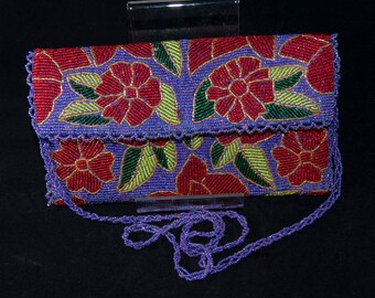 Evening Handbag / Clutch Made with Blue Beads and Flowers in Red with Green/Yellow Leaves