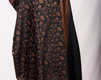 100% Pashmina / Cashmere Shawl In Black With Copper Sozni Embroidery.