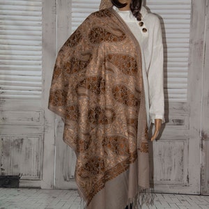 100% Pashmina / Cashmere Shawl In Tan with Brown Braided Chain Stitch Embroidery.