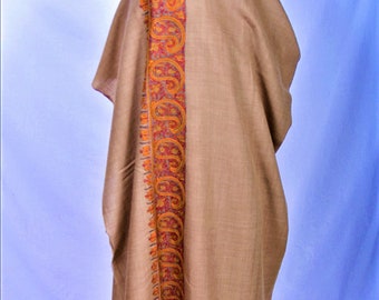 100% Pashmina / Cashmere Shawl In Natural Tan With Maroon/Copper Sozni Embroidery.