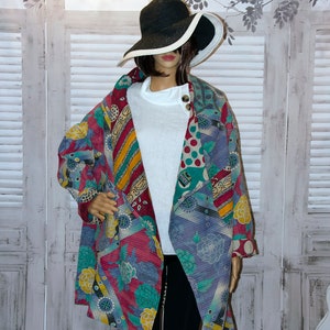Stylish Handmade Cotton Coat – Casual Wear – Kantha Style - Free Size Cape - Reversible