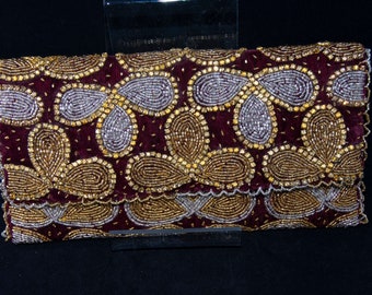 Evening Handbag / Clutch Made with Maroon Beads and Tri-Leaf pattern in Gold and White