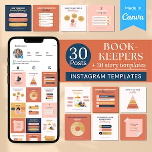 Op de afbeelding: Een smartphone toont Instagram-sjablonen voor boekhouders, met ontwerpen in oranje, roze en blauw. De sjablonen bevatten tekst zoals "Hoe u de financiële geletterdheid kunt verbeteren!" en "Maandelijkse boekhoudchecklist."