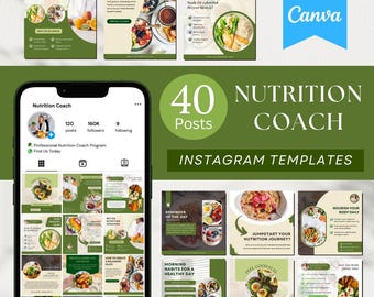 40 Nutrition & Wellness Instagram Post Templates | Canva Templates Pack | Editable Canva Nutrition Instagram Templates