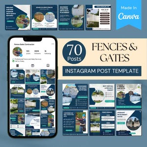 May include: An Instagram post template for fences and gates, featuring 70 posts. The design includes various topics such as fence repairs, gate placement, and choosing the right fence for pets. The template is made in Canva.