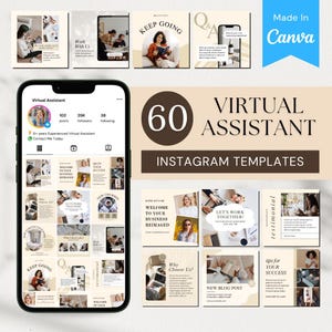 May include: A digital marketing graphic showcasing 60 Instagram templates for virtual assistants. The design features a smartphone displaying an Instagram profile and various template examples. Text includes "Virtual Assistant" and "Instagram Templates."