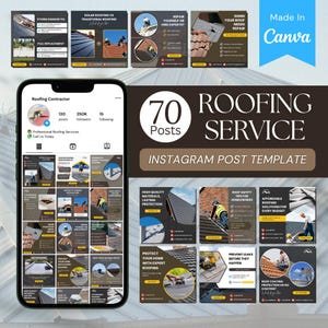 May include: A collection of Instagram post templates for a roofing service. The design features images of roof repair, solar roofing, and storm damage fix. The template includes the text "Roofing Service Instagram Post Template".