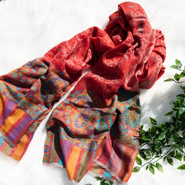 Elegant Handmade Pashmina Red with Multi-coloured Handwoven Paisley Pattern Kani Pure Cashmere Scarf