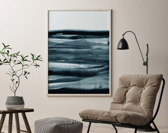 Extra grote abstracte indigo-aquarelkunst aan de muur, blauwe en witte kunstprint, instant download, afdrukbare muurkunst